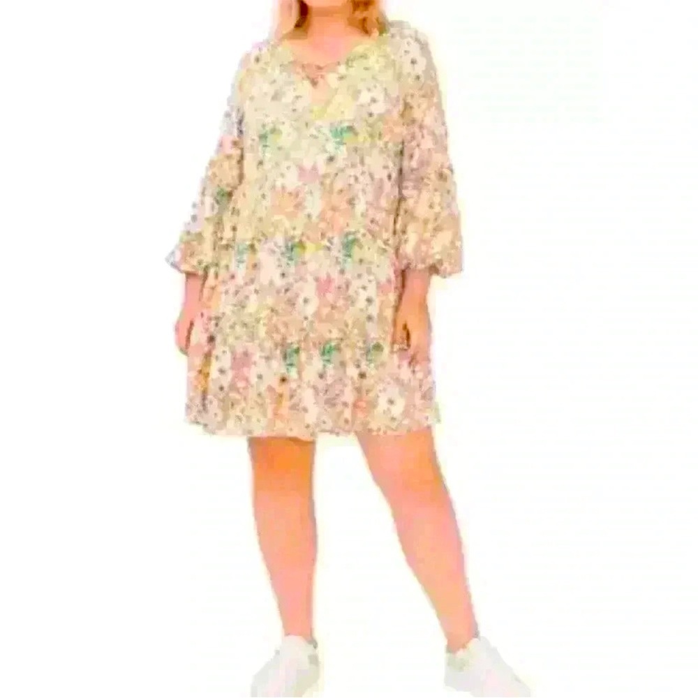 Puff Sleeve Ruffle Peasant Mod Floral Mini Dress Tiered Boho Cottage NEW CeCe